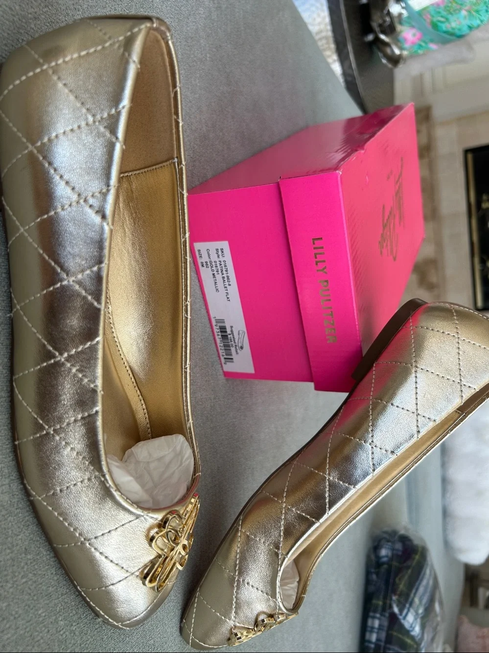 NIB Lilly Pulitzer Patina Gold Metallic Leather Ballet Flats Size 8